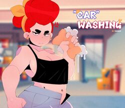 1girls anger_vein angry black_topwear blurry_background brawl_stars car_washing crop_top dsmnup earrings hair_bun jeans navel_piercing no_bra outdoors pam_(brawl_stars) red_hair single_hair_bun solo sponge tank_top white_skin rating:Questionable score:54 user:Asdfqwertybnm