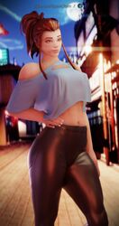 3d brigitte brown_hair choker crop_top leather leather_clothing leggings moonroomoom overwatch see-through streetwear tight_clothing rating:Questionable score:147 user:MoonRoomOom