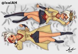 2girls breasts breath_of_the_wild clothing dakimakura glasses glasses_on_head hyrule_warriors:_age_of_calamity izai_ah izaiah_(artist) laying_down looking_at_viewer nintendo peace_sign purah red_eyes red_hair sheikah short_hair the_legend_of_zelda thighs two_tone_hair white_hair rating:Explicit score:21 user:IzaiAH