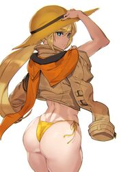 1girls ashiomi_masato ass bangs bikini bikini_bottom bikini_day blonde_hair blue_eyes eyebrows_visible_through_hair female guilty_gear hat jacket jacket_over_shoulder millia_rage shade shaded_face shadow simple_background solo straw_hat swimsuit thighs white_background wide_hips rating:Questionable score:209 user:WatchTheLanguage