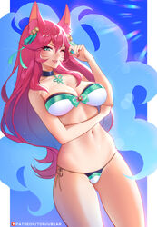 9_tails ahri aqua_eyes bikini female female_only green_eyes highres horny league_of_legends long_hair looking_at_viewer patreon_username pink_hair riot_games solo spirit_blossom_ahri spirit_blossom_series tofuubear wink winking winking_at_viewer rating:Safe score:133 user:GOTD188