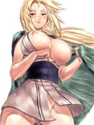 1girls blush bottomless breasts brown_eyes cleavage drunk female female_only fumio_(rsqkr) huge_breasts human large_breasts long_hair naruto naruto_shippuden nipples no_panties open_clothes open_shirt red_eyes sketch smile solo tsunade rating:Explicit score:164 user:bot