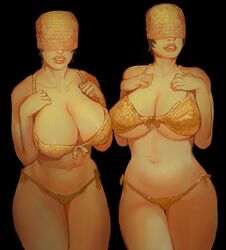 2020 2girls bikini black_background blindfolded cleavage curvy female large_breasts lips mossa pose short_hair standing underboob venus_of_willendorf rating:Questionable score:190 user:bionika3