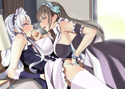 2girls azur_lane belfast_(azur_lane) blue_eyes blush blushing breasts brown_hair fingering fingering_partner hand_in_mouth large_breasts looking_at_partner looking_pleasured maid_uniform monobe newcastle_(azur_lane) pussy_juice skirt_lift smile sweat vaginal_fingering violet_eyes white_hair yuri rating:Explicit score:165 user:bot