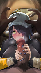 1boy 1girls aqua_hair arknights asbestos_(arknights) baseball_cap black_bodysuit black_hair black_nails blue_tongue bodysuit breasts censored colored_inner_hair dark-skinned_male dark_skin fellatio female grey_headwear hat highres large_breasts large_penis light-skinned_female light_skin lizard mo_ne mosaic_censoring multicolored_hair nail_polish oral penis salamander_tail shiny shiny_hair short_hair solo_focus straight tail veins veiny_penis yellow_eyes rating:Explicit score:278 user:bot