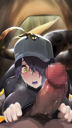 1boy 1girls aqua_hair arknights asbestos_(arknights) baseball_cap black_bodysuit black_hair blue_tongue bodysuit breasts censored colored_inner_hair dark-skinned_male dark_skin erection female grey_headwear hat highres imminent_fellatio large_breasts large_penis light-skinned_female light_skin lizard looking_at_penis mo_ne mosaic_censoring multicolored_hair penis penis_awe salamander_tail sharp_teeth shiny shiny_hair short_hair solo_focus straight tail teeth veins veiny_penis yellow_eyes rating:Explicit score:258 user:bot