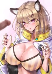 akehi_yuki animal_ears arknights bikini blonde_hair blush breasts busty cat_ears cat_girl cleavage covered_nipples dark-skinned_male dark_skin erection female huge_breasts jacket medium_hair nail_polish open_mouth penis purple_eyes purple_nails simple_background sweat swimsuit utage_(arknights) white_background rating:Explicit score:67 user:bot