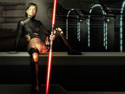 1girls background bastila_shan black_clothing detailed_background female female_only hair holding_object holding_sword holding_weapon human human_only knee_up knights_of_the_old_republic lightsaber long_hair looking_at_viewer melee_weapon pose pussy railing ranged_weapon_(artist) red_lightsaber shaved_pussy sith sitting solo spread_legs star_wars sword torn_clothes torn_legwear torn_thighhighs twintails weapon window rating:Explicit score:44 user:bot