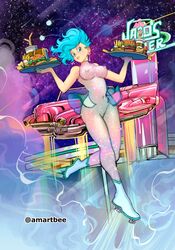 1girls amartbee antennae blue_eyes blue_hair boots bulma_briefs burger diner dragon_ball earrings food fries hovercar retro_artstyle roller_skates see-through_clothing solo tagme waitress rating:Explicit score:82 user:db_gals