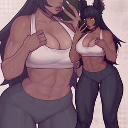 1girls abs amber_eyes asura_(artist) big_breasts cleavage dark-skinned_female dark_skin female female_only large_breasts muscles muscular muscular_female original_character rabbit_humanoid selfie thick_thighs wide_hips rating:Questionable score:376 user:justausername