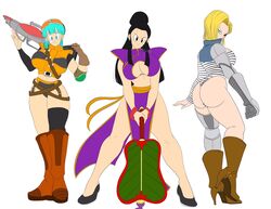 3girls alternate_costume android_18 ass bansho_fan blaster boots bulma_briefs bulma_briefs_(frieza_saga) chichi china_dress cyborg dragon_ball dragon_ball_z female female_only gynoid high_heel_boots high_heels nala1588 robotic_arm robotic_leg shounen_jump tagme thick_thighs wide_hips rating:Explicit score:61 user:db_gals