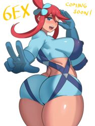 1girls alternate_breast_size areola_bulge ass big_ass big_breasts blue_eyes blush breasts eye_contact female gloves human large_breasts long_hair looking_at_viewer nintendo nipple_bulge one_eye_closed pokemon pokemon_bw red_hair shorts skyla_(pokemon) solo standing text thick_ass thick_thighs thighs tight_clothing white_background ytrall rating:Questionable score:108 user:Ugabuga