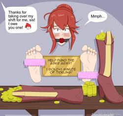 anna_(fire_emblem) anna_(fire_emblem_awakening) ball_gag bondage boots boots_removed dialogue dual_persona dungeonkappa english_text feet fire_emblem fire_emblem_awakening foot_focus gag nintendo red_hair stuck_in_wall text tickle_fetish tickle_machine tickle_torture tickling torture wall rating:Explicit score:38 user:DetectiveGumshoe