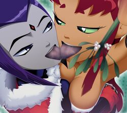 2girls alien alien_girl alternate_breast_size big_breasts breasts cleavage dc female female/female female_only kissing large_breasts lesbian mistletoe pressing_breasts_together rachel_roth raven_(dc) ravenravenraven smooth_skin starfire teen_titans tongue_out yuri rating:Questionable score:302 user:IPfreely