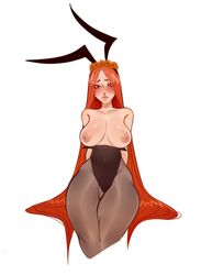 1girls big_breasts blush breasts breasts_out bunny_ears bunnysuit eyes_covered female female_only flower flower_in_hair freckles hands_behind_back ilewdha league_of_legends leona_(league_of_legends) long_hair nipples orange_eyes orange_hair pantyhose simple_background sitting solo_female thick_thighs white_background rating:Questionable score:236 user:AkeyVa