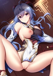 1girls blue_hair breasts ganyu_(genshin_impact) genshin_impact horns leotard looking_at_viewer one_breast_out pussy wsman rating:Explicit score:260 user:bot