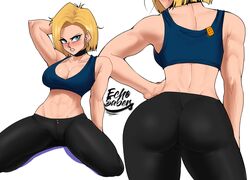 1girls abs android_18 annoyed ass big_ass blonde_hair blush breasts cleavage dat_ass dragon_ball earrings echosaber female female_only fit_female frown fully_clothed hand_on_hip large_breasts pants solo sports_bra tank_top tight_pants yoga_pants rating:Questionable score:416 user:db_gals