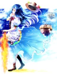  blue_hair blue_sky closed_eyes hat hat_removed headwear_removed highres hinanawi_tenshi keystone kotonoman long_hair sky solo sword_of_hisou touhou  rating:safe score: user:bot