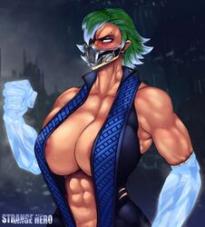 1girls abs areola_slip areolae armpits avis_(strangehero) big_breasts blue_eyes blue_highlights blush breasts cleavage cosplay cryomancer eyebrow_piercing female female_only green_hair hair_over_one_eye hourglass_figure huge_breasts ice looking_at_viewer mask mortal_kombat muscles muscular muscular_female short_hair solo solo_female strangehero sub-zero_(cosplay) sweat sweaty video_games rating:Questionable score:108 user:Kane090902_