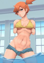 1girls asymmetrical_hair blue_eyes blue_shorts blush breasts clothes_pull cutoffs daisy_dukes denim denim_shorts female female_focus female_only female_solo game_freak highres kasumi_(pokemon) large_filesize looking_at_viewer lowrise_jeans medium_breasts micro_shorts microshorts navel nintendo nopan open_fly orange_hair pokemon pokemon_(anime) pokemon_(classic_anime) pokemon_(game) pokemon_rgby ponytail pool shirt shirt_lift short_shorts shorts side_ponytail sleeveless sleeveless_shirt solo solo_female teasing teasing_viewer tied_hair underboob unzipped wet yellow_shirt zelc-face rating:Questionable score:203 user:Misty_lover