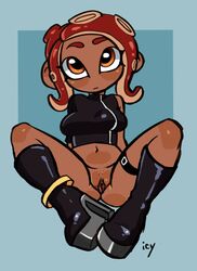 1girls agent_8_(splatoon) ass belly black_clothing boots bottomless clitoris clothed clothing cute dark-skinned_female dark_skin female female_only high_heels humanoid iseenudepeople looking_at_viewer medium_breasts no_nose octoling red_hair splatoon splatoon_2 zipper rating:Explicit score:80 user:owo64