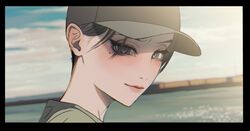  black_border black_hair border chromatic_aberration cloud dutch_angle female grey_eyes hair_behind_ear hat original outdoors portrait ringed_eyes short_hair sky smile solo unko_man  rating:questionable score: user:bot