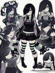 1girls aria_(parororo) aria_wintermint black_hair blush book boots choker cleavage female fishnets goth green_eyes hair_over_one_eye heart long_hair pale-skinned_female pale_skin parororo scarf source_request stockings tagme thighhighs rating:Safe score:262 user:Matt.Master