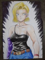 1girls akira_toriyama_(style) android android_18 android_girl armpits arms aura belt big_breasts black_background black_topwear blonde blonde_female blonde_hair blue_eyes breasts clavicle clothed clothes cyborg dragon_ball dragon_ball_super dragon_ball_z energy female fully_clothed human light long_sleeve manga medium_hair milf red_bracelet safe_for_work shoulders shueisha skin skirt toei_animation traditional_art traditional_media weekly_shonen_jump woman yamidanight rating:Safe score:13 user:YamiDanight