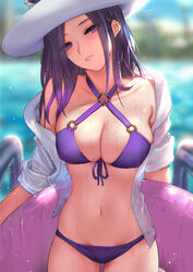 1girls alternate_costume amber_eyes bikini blouse blue_eyes blue_hair caitlyn_kiramman cowboy_shot eyelashes female hat innertube league_of_legends long_hair looking_at_viewer pale_skin pd pool_party_caitlyn pool_party_series purple_bikini purple_eyes purple_hair riot_games slim standing sun_hat wet wet_clothes rating:Explicit score:317 user:HPMonter