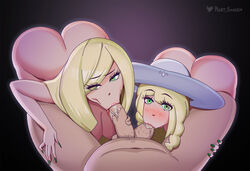 1boy 2girls :>= ass ball_sucking balls big_ass blonde_hair blowjob blush collaborative_fellatio daughter eye_contact faceless_male fellatio female green_eyes green_nails hat human lillie_(pokemon) long_hair looking_at_viewer lusamine_(pokemon) milf mother mother_and_daughter multiple_girls nintendo nude oral oyakodon penis phat_smash pokemon pokemon_sm pov saliva spread_legs straight sucking teamwork testicles veiny_penis rating:Explicit score:397 user:Ugabuga