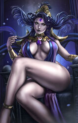 1girls black_lipstick breasts child_bearing_hips cleavage dandon_fuga detailed female_only gold_eyes hades_(game) jewelry large_breasts looking_away looking_to_the_side milf nyx_(hades) purple_hair smile thick_thighs thighs toned toned_female rating:Safe score:475 user:Harlon