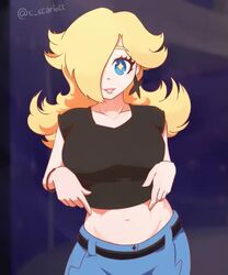 1girls animated bare_arms big_breasts black_shirt blonde_hair blue_eyes breasts c_starlett clothing female female_only flashing hair_over_one_eye huge_breasts long_hair looking_at_viewer mario_(series) midriff nintendo nipples no_sound pants princess_rosalina shirt shirt_lift smile solo solo_female standing tagme video rating:Questionable score:479 user:Dragonballgt9999