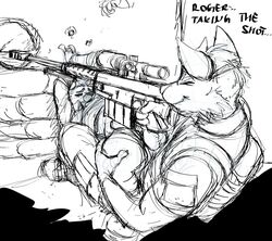 2021 anthro balls bunker canid canine canis fox fox_mccloud genitals gun hi_res hladilnik humor male male/male mammal monochrome nintendo ranged_weapon rifle sketch sniper_rifle soldier star_fox tzarvolver video_games warrior weapon wolf wolf_o'donnell rating:Explicit score:9 user:bot