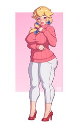 1girls absurdres aged_up big_breasts blonde_hair blue_eyes breasts clothed clothing dick_sucking_lips earrings female female_only full_body fully_clothed hand_on_chest high_heels highres human human_only large_breasts long_hair looking_at_viewer mario_(series) mature_female milf nintendo pants pink_background pink_sweater ponytail princess_peach ribbed_sweater rizdraws shoes simple_background smile solo standing sweater thick_lips thick_thighs tied_hair tight_clothing turtleneck turtleneck_sweater white_border wide_hips rating:Safe score:400 user:justausername