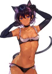 1girls animal_ears arm_warmers armpits arms_up bare_shoulders black_bra black_panties breasts brown_skin cameltoe cat_ears cat_tail catgirl choker collarbone cowboy_shot dark-skinned_female dark_skin elbow_gloves female female_focus female_only front_view hair_between_eyes konbu_wakame lingerie looking_at_viewer midriff mole navel original original_character parted_lips posing purple_eyes purple_hair ribbon short_hair slim slit_pupils small_breasts solo stomach tail toned toned_female underwear rating:Questionable score:160 user:oldspice1