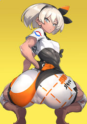 ass_focus bea_(pokemon) big_ass big_butt dark-skinned_female dark_skin gloves grey_eyes grey_hair hair_ribbon huge_ass huge_butt human looking_at_viewer looking_back nuezou pokemon pokemon_ss pussy_visible_through_clothes shiny_skin short_hair shorts small_breasts squatting rating:Questionable score:504 user:Yuron