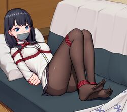 1girls arms_behind_back black_hair blue_eyes bondage bound clothed clothing feet female female_focus female_only gag gagged gbeeee helpless indoors long_hair lying_on_back on_back on_couch pantyhose pantyshot red_rope rope rope_bondage ssss.gridman tagme takarada_rikka tape tape_gag tied tied_legs tied_up worried rating:Questionable score:162 user:bot