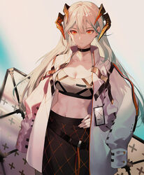 1girls arknights bangs belt breasts choker cleavage clothed clothing coat collarbone cowboy_shot crop_top dragon_girl dragon_horns earrings eyelashes female female_focus female_only hair_between_eyes hand_on_hip highres horns large_breasts long_hair midriff navel open_clothes orange_eyes pale-skinned_female pale_skin pencil_skirt pose posing puffy_sleeves salmon88 saria_(arknights) skirt spaghetti_strap sports_bra standing stomach toned toned_female white_hair rating:Safe score:121 user:oldspice1