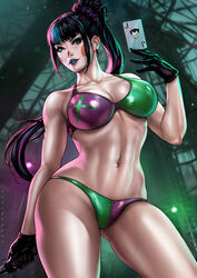 1girls abs alexis_kaye batman_(series) bikini bikini_bottom bikini_top black_hair card child_bearing_hips clothed clothing clown clown_girl clown_makeup dandon_fuga dc dc_comics freckles gloves goth goth_girl green_eyes holding_card holding_knife long_hair long_ponytail looking_at_viewer navel punchline_(dc) solo solo_female solo_focus spiked_earrings thick_thighs toned toned_female two_tone_clothing rating:Safe score:201 user:Hentai_Bro69