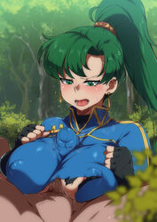 1girls angry clothing earrings fire_emblem fire_emblem:_the_blazing_blade forest green_eyes green_hair jcm2 large_breasts long_hair lyn_(fire_emblem) male nintendo nipple_bulge nipples open_mouth outercourse outside paizuri paizuri_under_clothes penis ponytail pubic_hair sweat torn_clothes rating:Explicit score:208 user:kris923