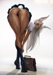 1girls animal_ears animal_tail ass bag bent_over blue_skirt bunny_ears bunny_tail butt cameltoe clothing dark-skinned_female dark_skin dat_ass feet felox08 female female_only footwear from_behind hamstrings legs long_hair long_legs long_socks looking_at_viewer looking_back miruko muscular muscular_female muscular_thighs my_hero_academia no_shoes panties pleated_skirt red_eyes rumi_usagiyama school_uniform schoolgirl shirt skirt socks soles solo standing teasing tiptoes toned_female top-down_bottom-up under_skirt undressing upskirt white_hair rating:Questionable score:591 user:UnrealHarbor