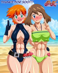 2021 2girls abs artist_name beach big_breasts bikini blue_eyes blush breasts brown_hair cleavage english_text exclamation_point female game_freak green_eyes hand_on_hip hourglass_figure legs looking_at_viewer may_(pokemon) misty_(pokemon) misty_(pokemon_hgss) misty_(the_electric_tale_of_pikachu) muscular_female nintendo one-piece_swimsuit open_mouth orange_hair pk-studios pokéball pokémon pokeball_belt pokemon pokemon_hgss pokemon_rgby pokemon_rse short_hair short_orange_hair swimsuit text the_electric_tale_of_pikachu thick_thighs thighs tomboy toned tongue_out wet wink winking_at_viewer rating:Questionable score:75 user:Misty_lover