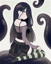 aria_(parororo) aria_wintermint black_hair black_skirt blush borrowed_character choker detached_sleeves goth green_eyes hair_over_one_eye long_hair looking_back louistrations pale-skinned_female pale_skin pleated_skirt sitting skirt stockings tentacle wariza rating:Questionable score:114 user:nflayner