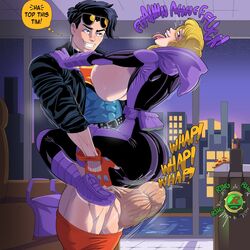 1boy 1girls big_ass big_breasts breasts_against_chest carrying conner_kent dc dc_comics english_text exposed_breasts female huge_balls huge_breasts loonyjams onomatopoeia spoiler_(dc) stephanie_brown superboy superboy_(conner_kent) voluptuous wide_hips rating:Explicit score:219 user:nostalgiaz18