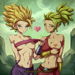 2girls blonde_hair breasts caulifla dark-skinned_female dark_skin dragon_ball dragon_ball_super earrings female female_only green_hair jammeryx kale light-skinned_female light_skin looking_at_viewer looking_away nipples potara_earrings presenting_breasts saiyan short_hair shounen_jump spiky_hair super_saiyan super_saiyan_2 rating:Questionable score:286 user:Cranium