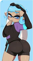 ass ass_focus big_ass big_eyes blue_background blue_eyes blue_hair blue_tentacles blush deviantart inkling_girl inklingloe nintendo oc peace_sign shiny_clothes shiny_skin skin_tight_shorts splatoon splatoon_2 tentacle_hair tight_shorts rating:Questionable score:45 user:ILoveSitting