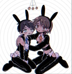  2boys black_hair blue_tie brown_hair bunny_ears bunny_tail hypnosis kel_(omori) looking_at_object male_only meat_niku315 mind_control omori orange_tie pendulum penis_clothing reverse_bunnysuit spiral_background spiral_eyes sunny_(omori) tie  rating:explicit score: user:specificpep