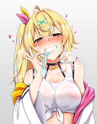 1girls after_fellatio after_sex ahoge bangs bare_shoulders blonde_hair blush breasts choker cleavage collarbone condom cum dot_nose eyebrows_visible_through_hair female female_only grey_background grin hair_ornament hair_ribbon half-closed_eyes hand_up heart heart-shaped_pupils heterochromia highres holding holding_condom hoshikawa_sara huge_ahoge implied_sex large_breasts long_hair looking_at_viewer nijisanji nipples off_shoulder one_side_up pink_ribbon red_eyes ribbon shiny shiny_hair shiny_skin simple_background smile solo solo_female stray_pubic_hair symbol-shaped_pupils teeth upper_body used_condom virtual_youtuber x_hair_ornament yellow_eyes yellow_ribbon rating:Questionable score:163 user:BB7