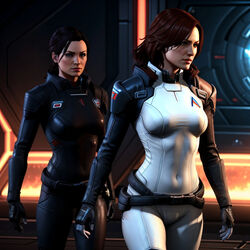 1:1 2girls ai_generated belt black_hair clothed female female_only femshep fully_clothed futuristic futuristic_background futuristic_clothing gloves long_sleeves mass_effect_2 mass_effect_3 miranda_lawson navel_outline red_hair source_request standing weirdguy564 rating:Safe score:10 user:Weirdguy564