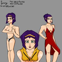  bikini cowboy_bebop dress faye_valentine femme_fatale green_eyes lukiiart one_female purple_hair solo_female tomboy  rating:questionable score: user:mkl10